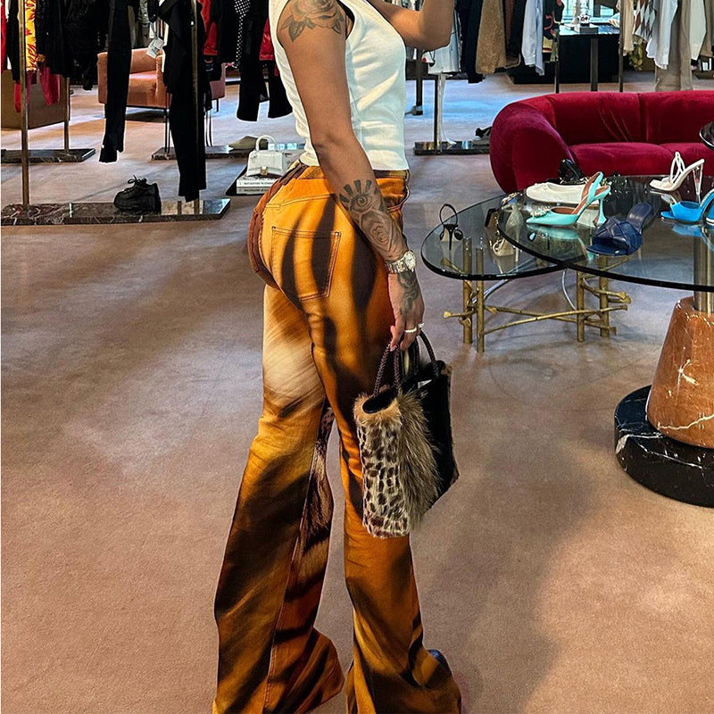 Tiger Stripe Pattern High Waist Straight-leg Pants