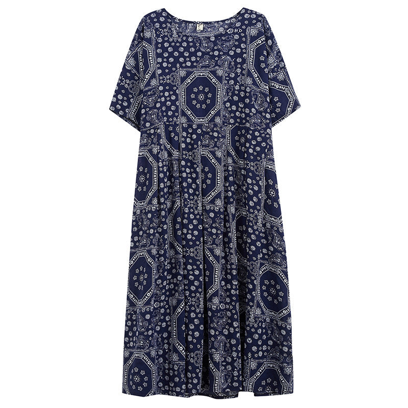 Loose Cotton And Linen Print Short-sleeved Dress - Shopylix