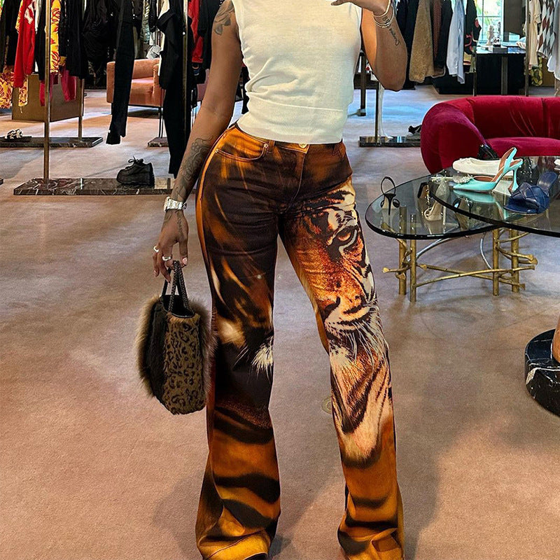 Tiger Stripe Pattern High Waist Straight-leg Pants