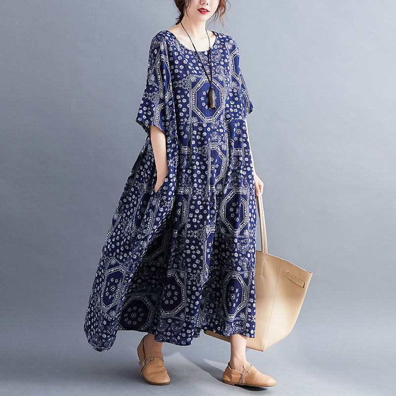 Loose Cotton And Linen Print Short-sleeved Dress - Shopylix