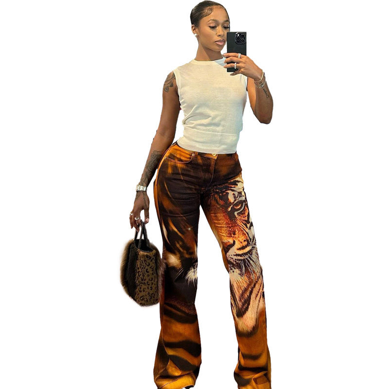 Tiger Stripe Pattern High Waist Straight-leg Pants