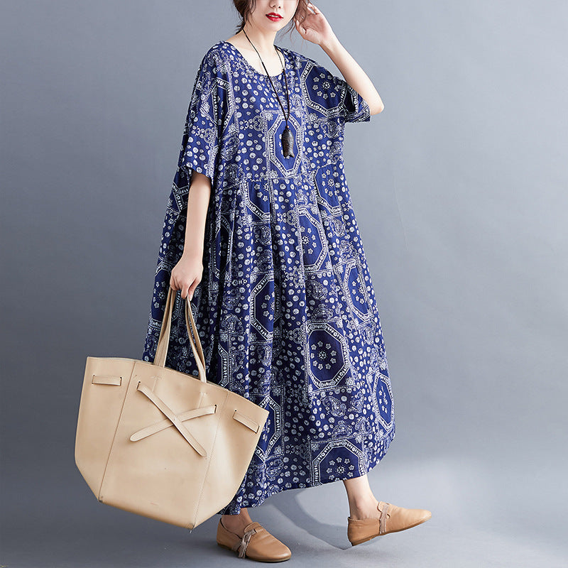 Loose Cotton And Linen Print Short-sleeved Dress - Shopylix