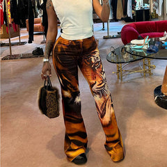 Tiger Stripe Pattern High Waist Straight-leg Pants